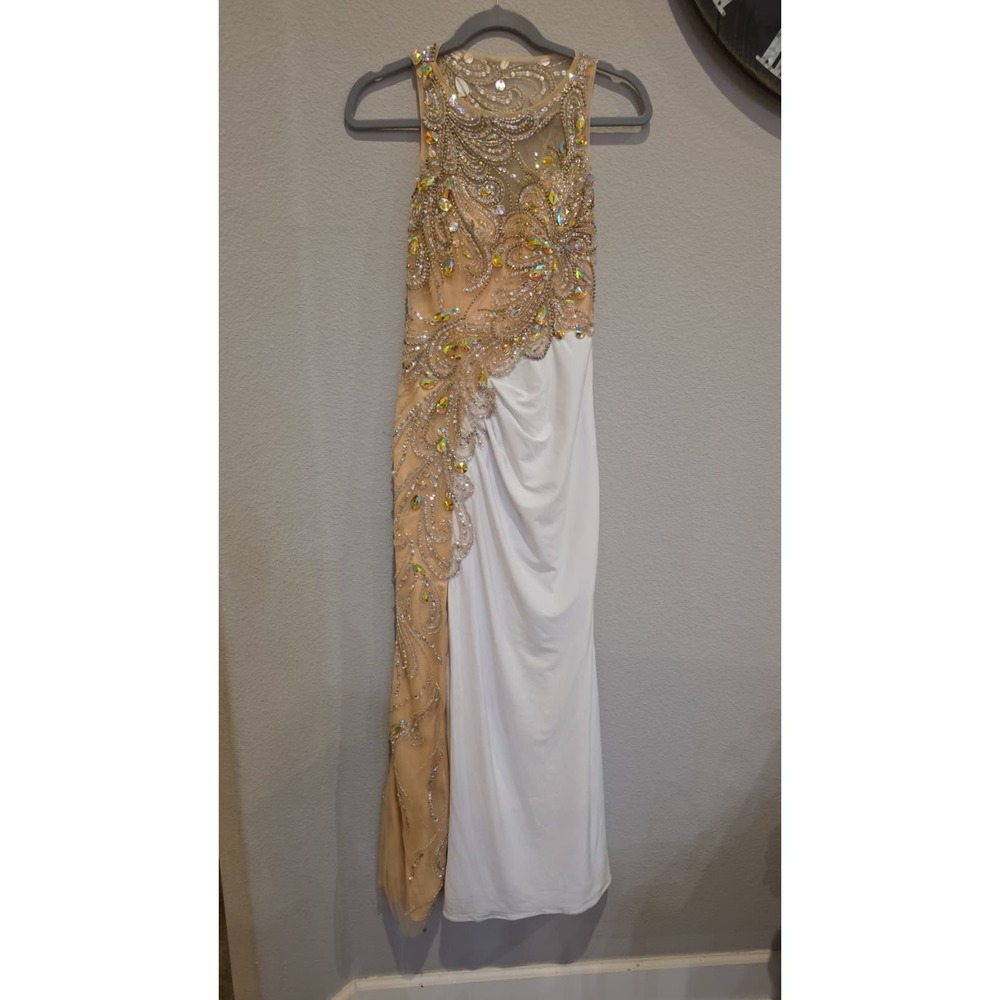 JVN by Jovani White and Gold Beaded Illusion-Back Evening Gown - Picture 2 of 16